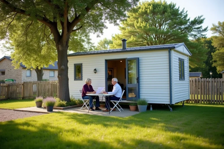Couple consultant des documents réglementaires devant un mobil-home installé sur terrain privé en France