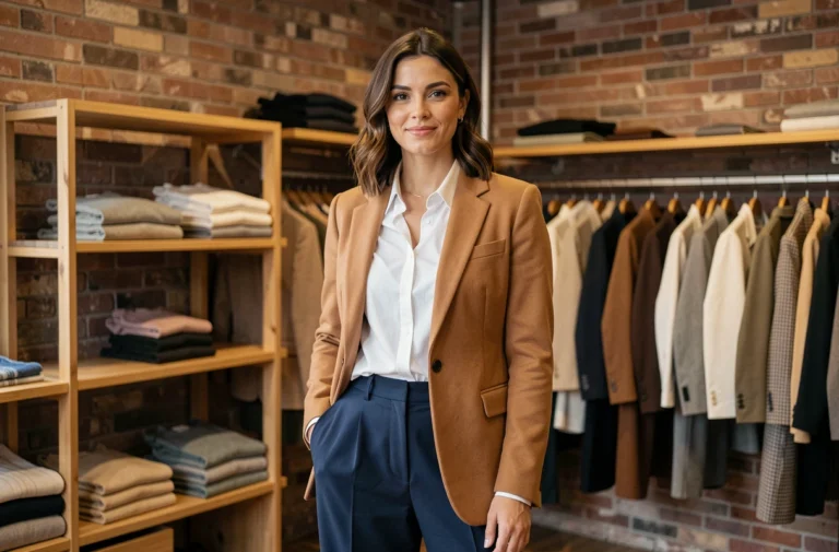 Femme élégante en blazer camel et pantalon large marine dans une boutique de mode parisienne, tenue tendance mode féminine automne
