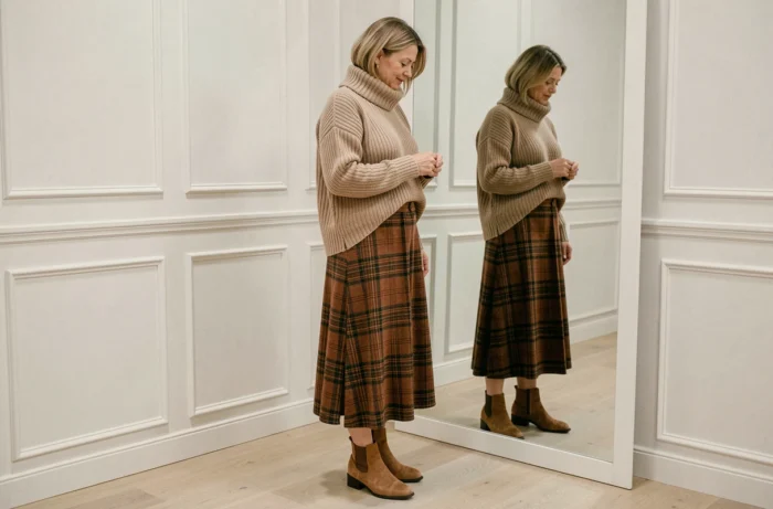 Femme élégante en tenue d'automne tricot et jupe écossaise devant un miroir dans un dressing minimaliste, inspirations mode féminine automne hiver