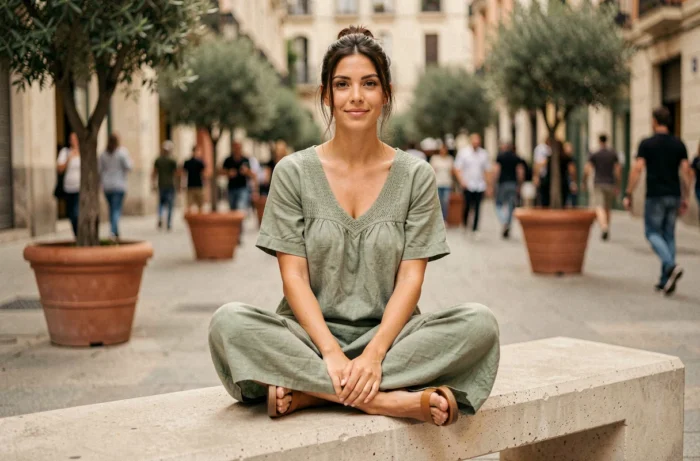 Jeune femme en robe midi en lin vert sauge assise dans un espace urbain, style street fashion décontracté mode féminine printemps été