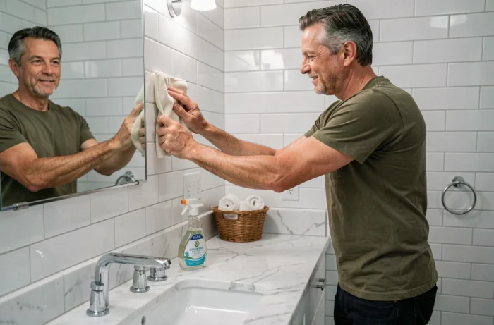 Homme nettoyant le miroir et les carrelages d'une salle de bain avec un chiffon microfibre