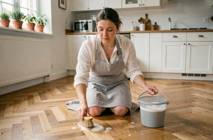 Femme nettoyant le sol en bois d'une cuisine moderne avec une brosse et un seau d'eau savonneuse