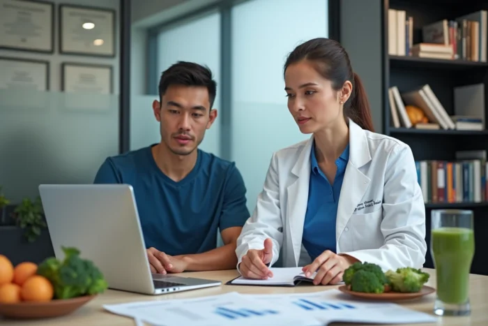 Nutritionniste sportive consultant un coureur sur son plan alimentaire personnalisé dans un cabinet de nutrition sportive moderne