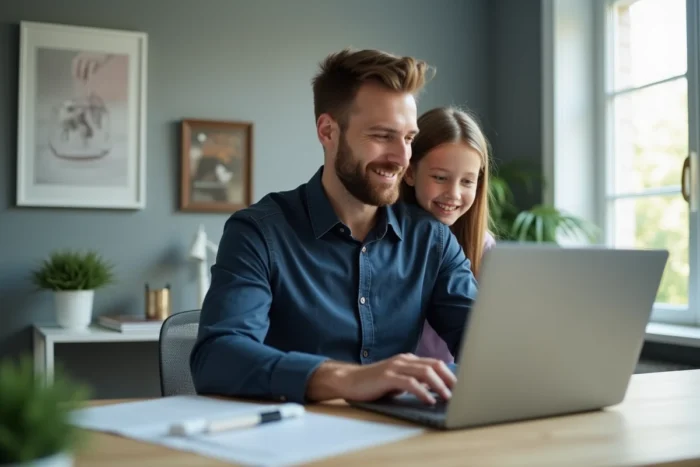 Un père en télétravail partage un appel vidéo avec sa fille dans un bureau à domicile moderne