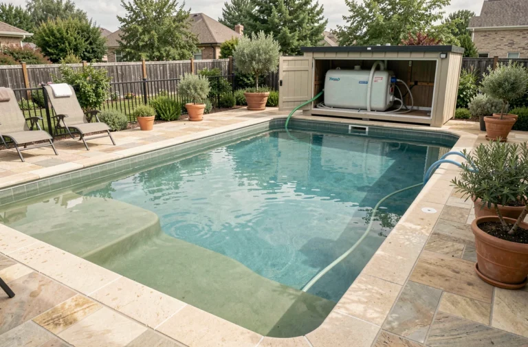 Piscine au sel avec eau légèrement verte et équipement de traitement visible sur la margelle