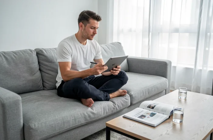 Homme planifiant la mise en page de son blog amateur sur une tablette dans un appartement moderne et minimaliste