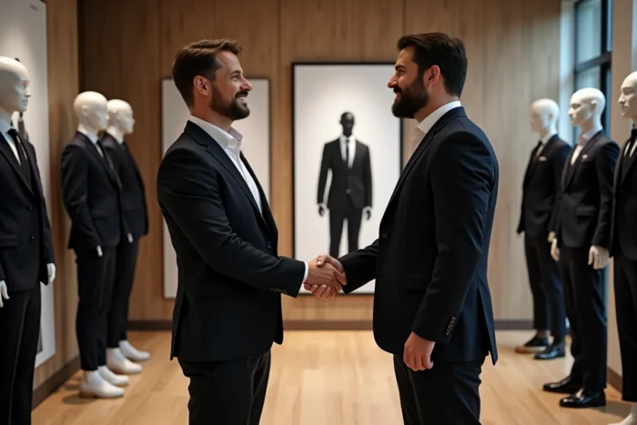 Deux hommes en costume se serrent la main dans un showroom de marque de mode lors d'un accord de rachat d'entreprise