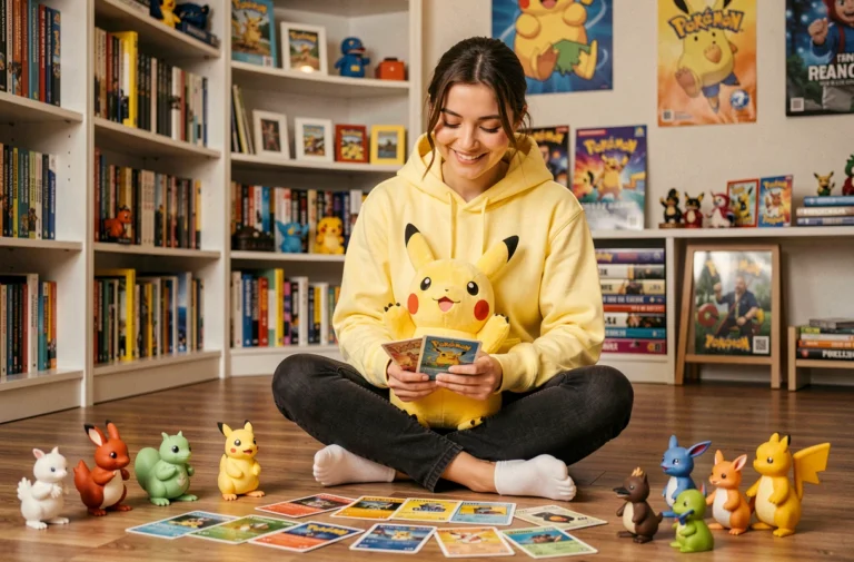 Jeune femme tenant une peluche Pokémon Torchic entourée de figurines et cartes Pokémon commençant par T dans une salle de jeux cosy