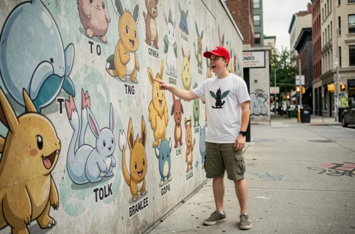 Adolescent pointant un mural illustré de Pokémon dont les noms commencent par T dans un décor urbain contemporain