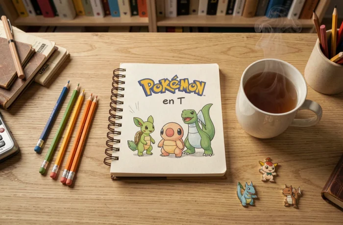 Vue en plongée d'un bureau avec un carnet illustré de Pokémon commençant par T, des épingles émaillées et des crayons de couleur