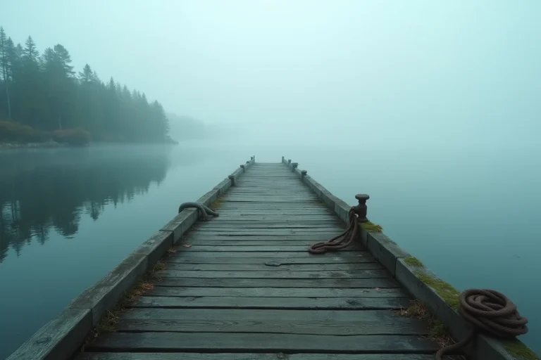 Ponton en bois désert sur un détroit de l'archipel suédois de Sandhamn dans une atmosphère brumeuse et mystérieuse d'automne
