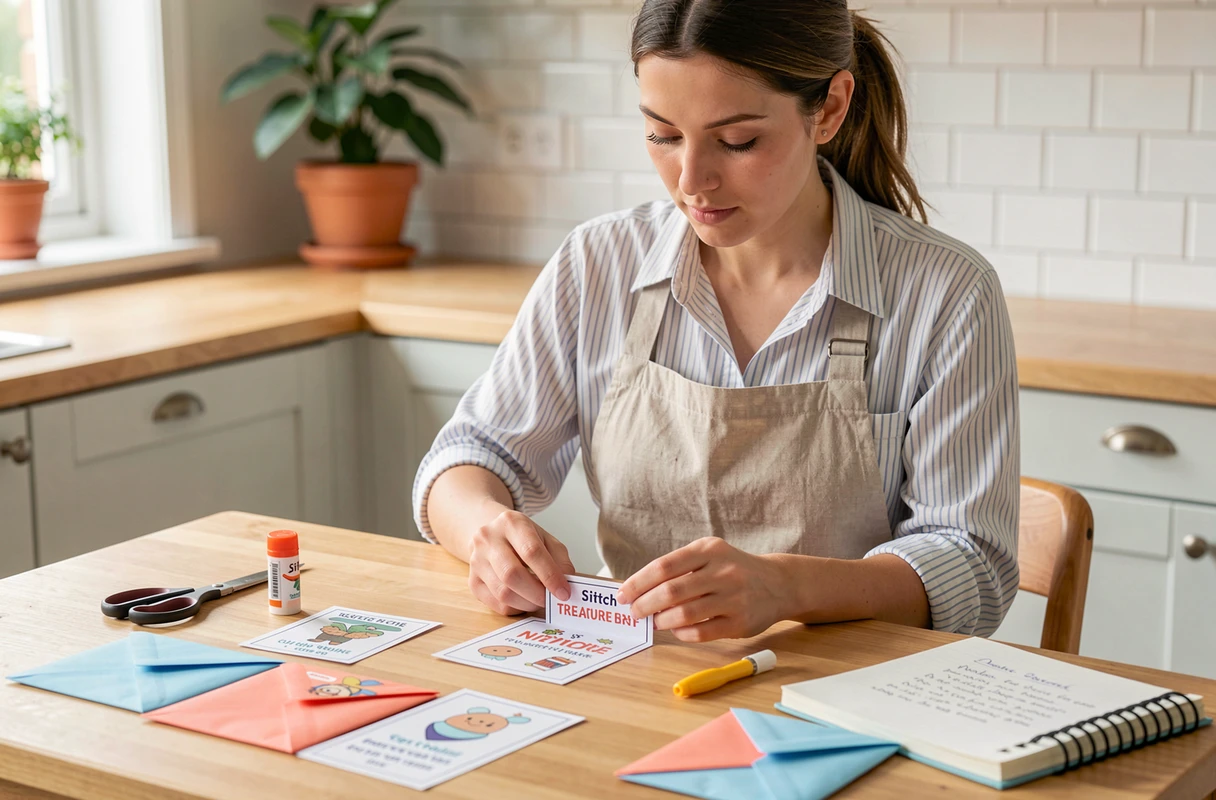 Mère préparant un kit de chasse au trésor Stitch à imprimer sur une table de cuisine