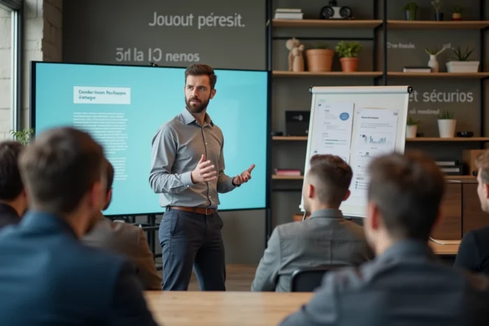 Entrepreneur masculin présentant une stratégie de développement commercial dans un incubateur de startups à Rennes