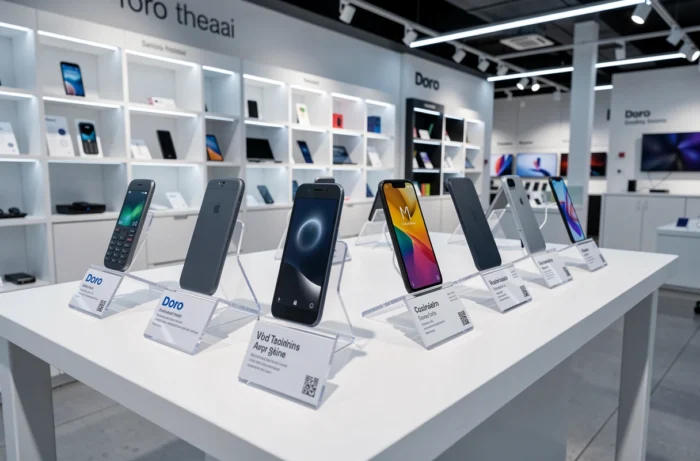 Présentoir de téléphones Doro dans un magasin d'électronique avec plusieurs modèles exposés