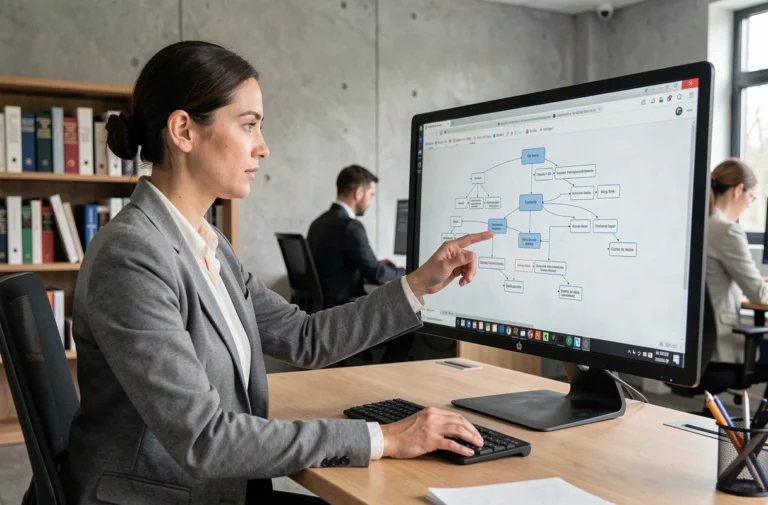 Une professionnelle analyse une page sitemap sur un grand écran dans un bureau moderne, illustrant l'optimisation de la navigation d'un site web