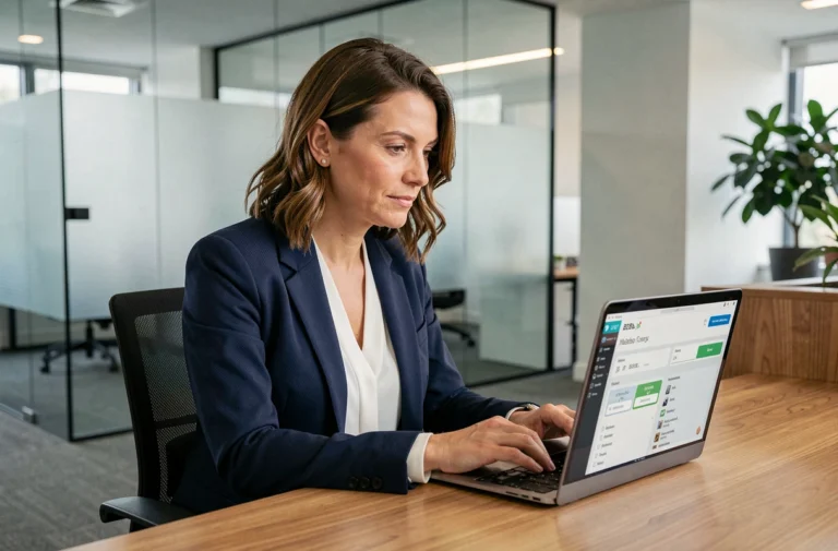 Professionnelle en blazer marine utilisant un outil de recherche d'emploi B2B sur laptop dans un bureau moderne