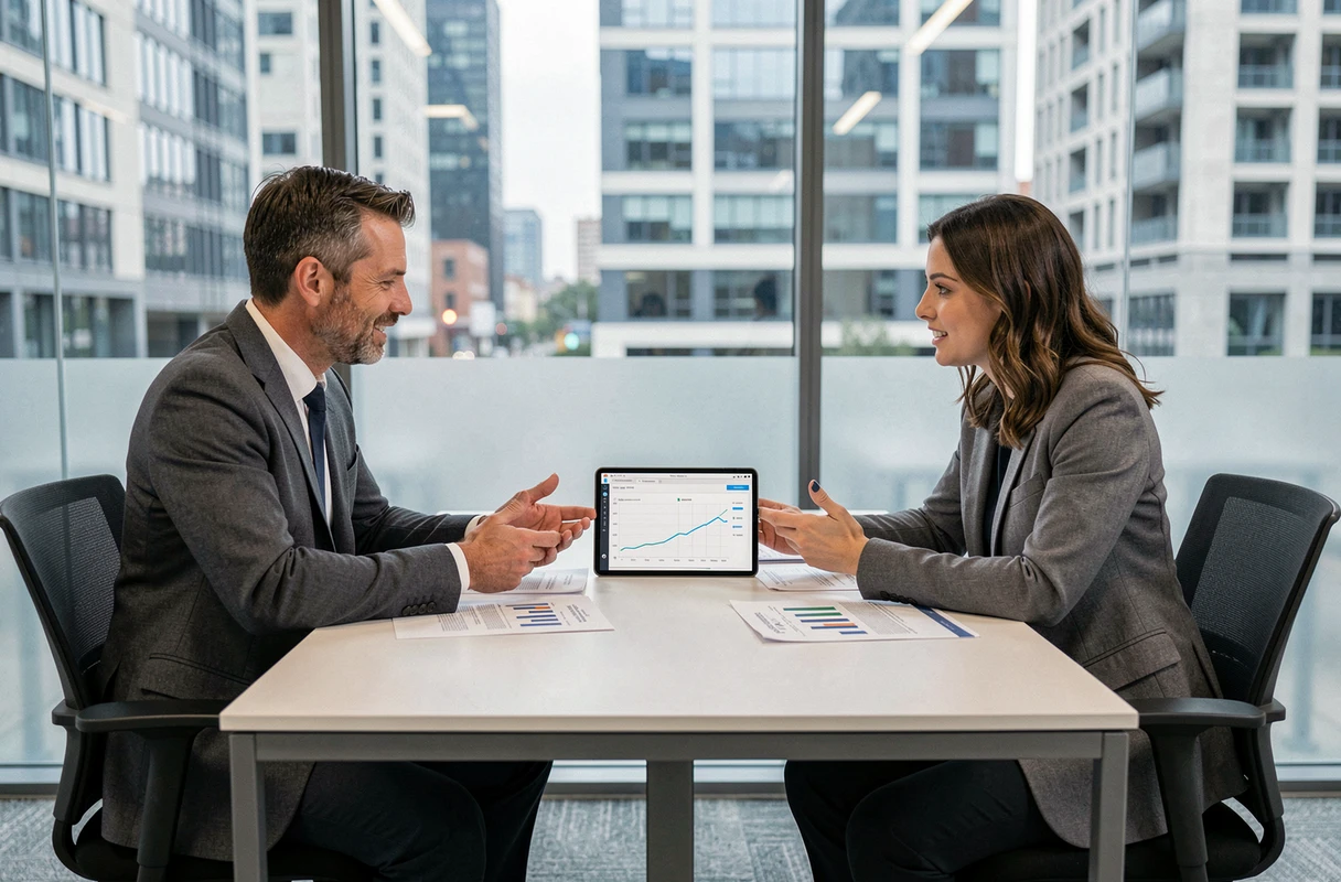 Deux professionnels analysent ensemble des outils et données de recrutement B2B en salle de réunion