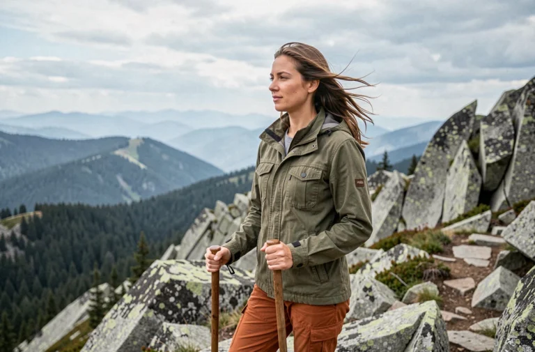 Randonneuse contemplant un panorama de montagnes et de forêts depuis une crête rocheuse en pleine nature