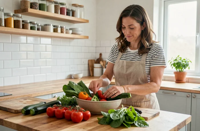 Femme préparant une recette équilibrée avec des légumes frais dans une cuisine familiale moderne