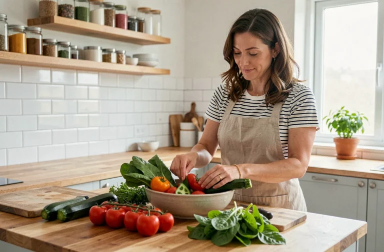 Femme préparant une recette équilibrée avec des légumes frais dans une cuisine familiale moderne
