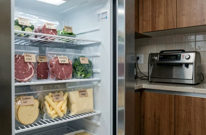 Réfrigérateur organisé avec des aliments emballés sous vide grâce à la machine Magic Vac Maxima 2 pour une conservation optimale