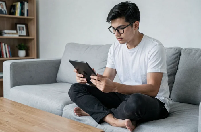 Jeune personne effectuant une réinitialisation forcée sur une tablette tactile bloquée