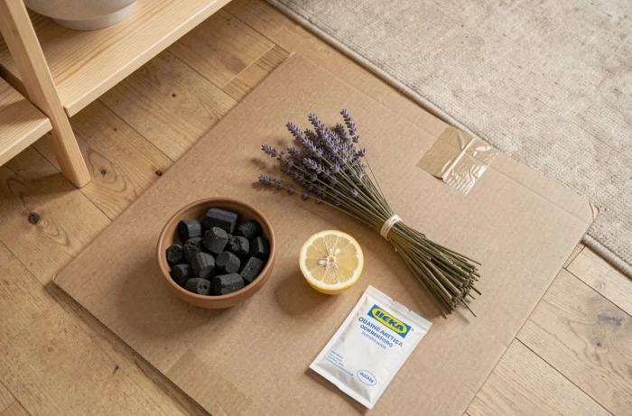 Remèdes naturels pour enlever l'odeur d'un meuble Ikea neuf : charbon actif, lavande, citron et bicarbonate