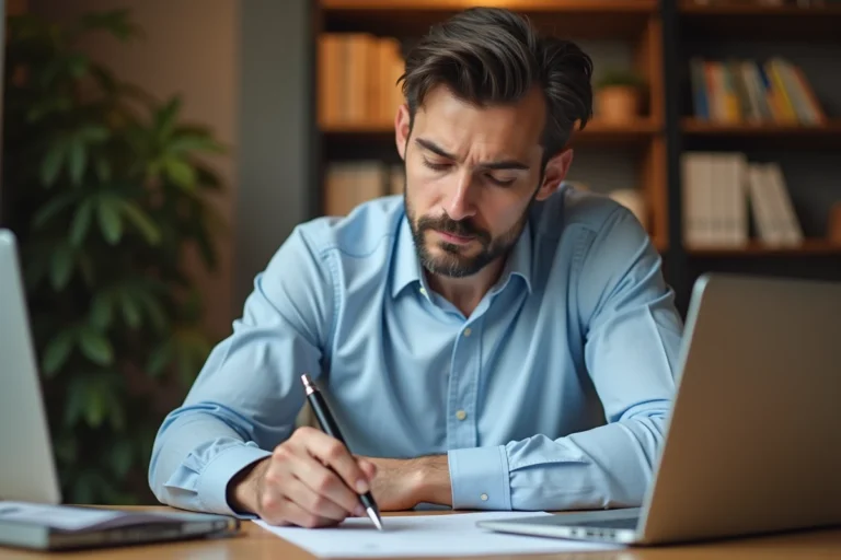 Homme consultant des documents de prêt immobilier à son bureau pour renégocier son crédit