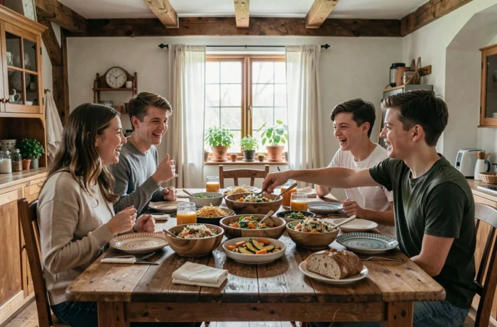Famille réunie autour d'un repas équilibré et convivial avec des plats sains faits maison