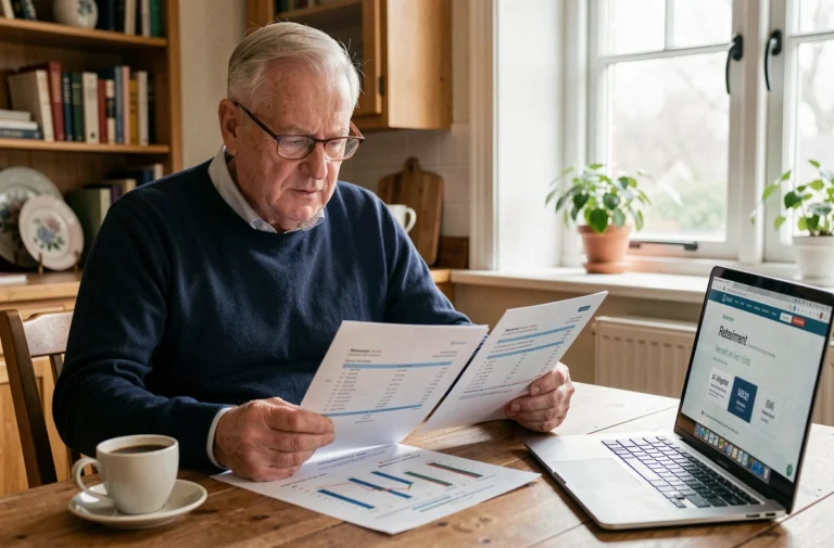 Retraité comparant ses avantages CCUES SG et SGAM sur des documents imprimés à la maison