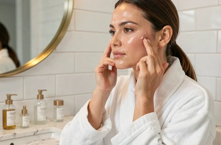 Femme appliquant un sérum sur son visage devant un miroir en laiton dans une salle de bain moderne et épurée