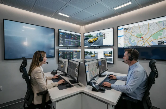 Salle de contrôle de dispatch de taxis avec opérateurs suivant l'actualité et les données en temps réel