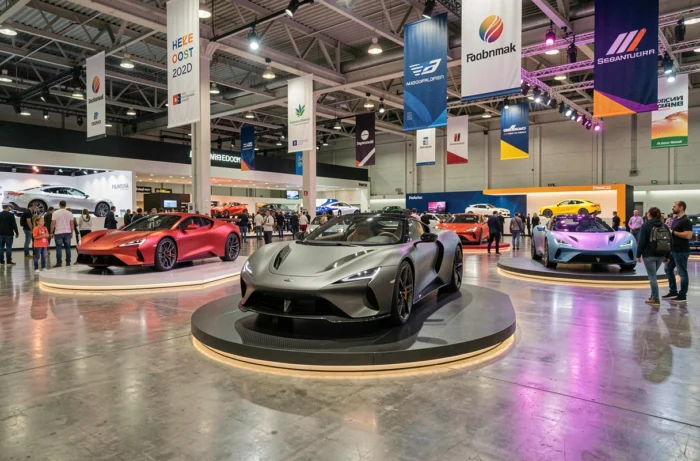 Hall d'exposition automobile internationale 2024 avec des voitures concept sur des plateformes rotatives et des visiteurs