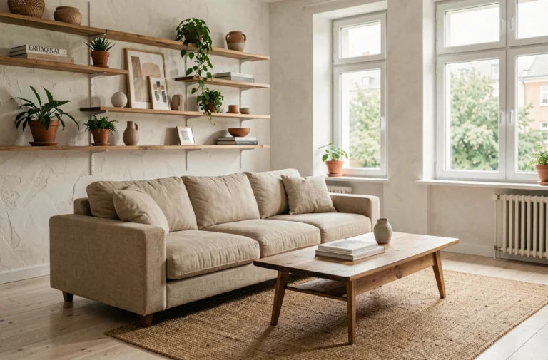 Salon scandinave bien décoré avec canapé en lin, table basse en bois et plantes d'intérieur pour un intérieur chaleureux et stylé