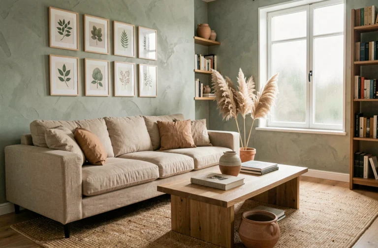 Salon scandinave moderne avec canapé en lin, table basse en chêne, plantes séchées et décoration tendance aux tons chauds et naturels