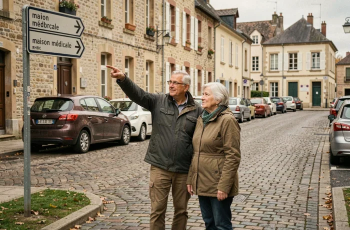 Couple de seniors suivant la signalisation pour rejoindre la maison médicale de Montbrison en centre-ville