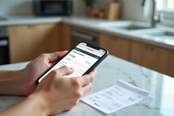 Mains tenant un smartphone affichant une interface de génération de facture Carrefour avec un ticket de caisse sur le comptoir