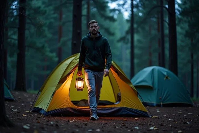 Homme sortant d'une tente de camping la nuit pour aller uriner, tenant une lampe de camping dans une forêt de pins