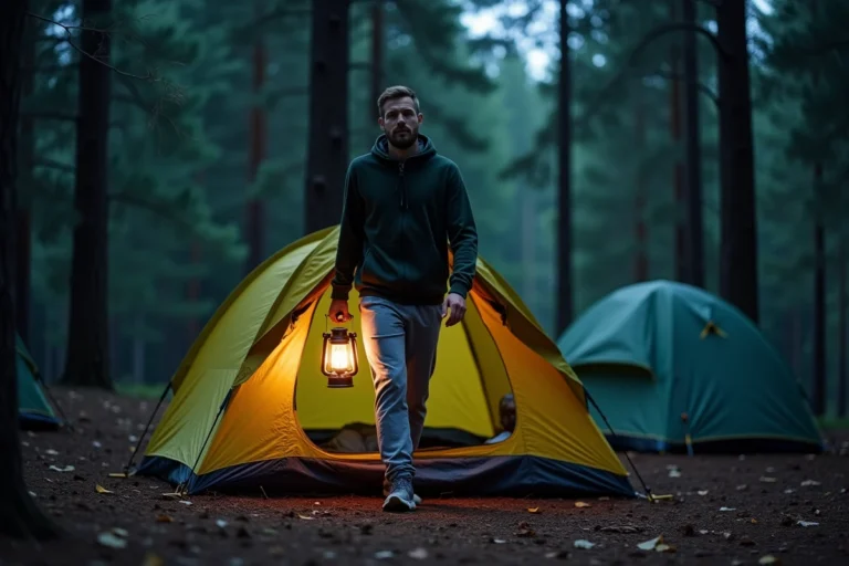 Homme sortant d'une tente de camping la nuit pour aller uriner, tenant une lampe de camping dans une forêt de pins