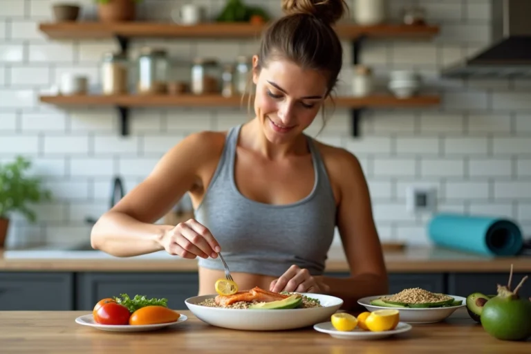 Sportive préparant un repas équilibré riche en protéines et en nutriments après l'entraînement dans une cuisine moderne