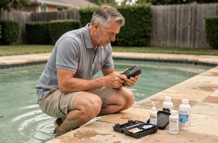 Homme testant le TAC de l'eau d'une piscine avec un testeur numérique et des produits correcteurs posés sur la margelle