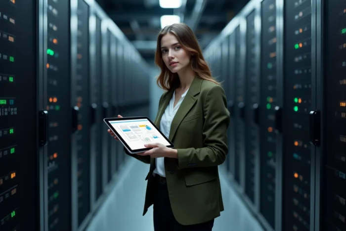 Professionnelle consultant un tableau de bord de stockage cloud dans une salle de serveurs pour optimiser les archives numériques
