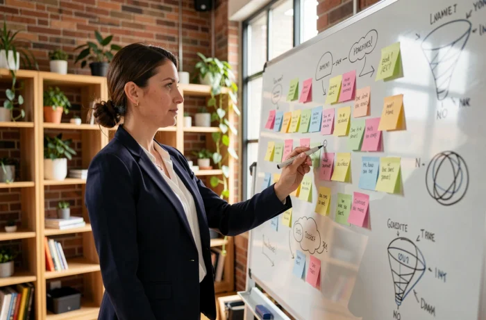 Femme d'affaires devant un tableau blanc avec des stratégies de marketing innovantes dans un bureau moderne