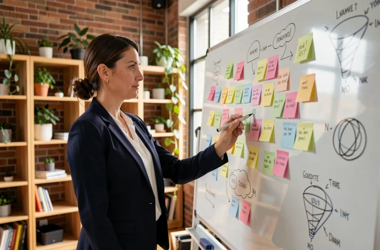 Femme d'affaires devant un tableau blanc avec des stratégies de marketing innovantes dans un bureau moderne
