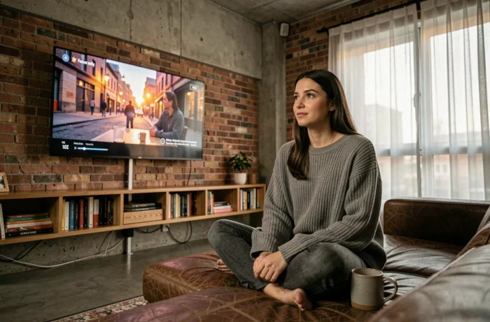 Jeune femme regardant un film en streaming gratuit sur sa télévision smart TV dans un salon moderne et cosy