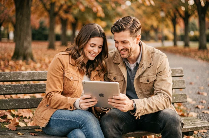 Deux amis regardant une série en streaming gratuit et légal sur une tablette dans un parc en automne