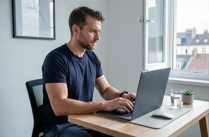 Homme consultant un site de streaming légal gratuit sur son ordinateur portable dans un bureau à domicile épuré