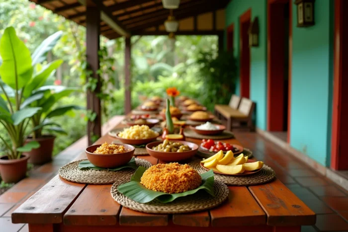 Table créole festive avec accras, blaff et riz collé servie sur une véranda tropicale