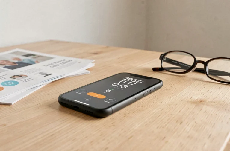 Téléphone Doro conçu pour les seniors posé sur un bureau en bois avec interface simplifiée visible