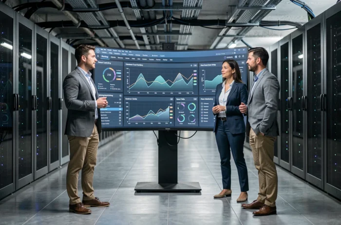 Équipe de professionnels analysant des données technologiques sur un grand écran dans une salle de serveurs, tendances tech et cybersécurité 2024